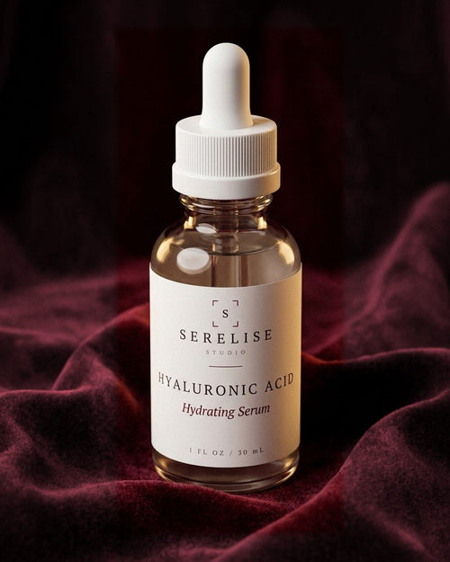 Serelise Hyaluronic Acid Serum on burgundy velvet