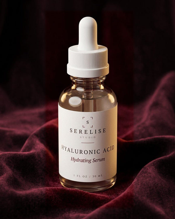 Serelise Hyaluronic Acid Serum on burgundy velvet