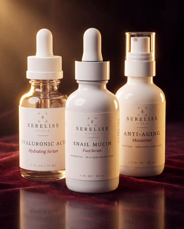 Serelise Studio The Ritual Complete Set — Snail Mucin, Hyaluronic Acid and Anti-Aging Moisturizer on burgundy velvet