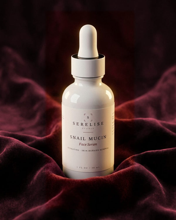 Serelise Snail Mucin Face Serum on burgundy velvet